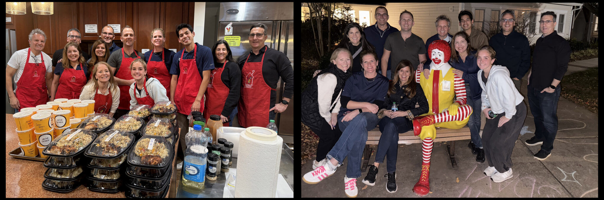 Volunteers from a corporate group gather at Ronald McDonald House in Northern Virginia after preparing a home-cooked meal for families. The first photo shows smiling volunteers in red aprons standing behind trays of freshly prepared food; the second shows the same group outside the House, sitting with the Ronald McDonald bench statue, sharing smiles after serving families in need.