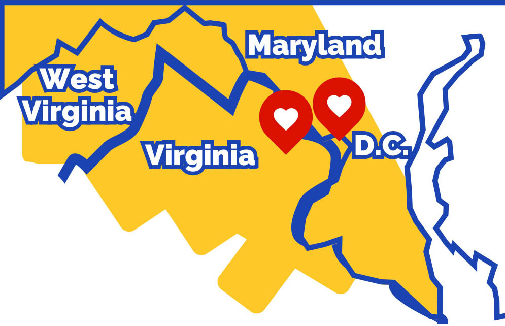Map of the Washington, D.C. region showing Virginia, Maryland, and West Virginia, with two heart markers indicating the locations of the two Ronald McDonald Houses in Washington, DC and Northern Virginia.